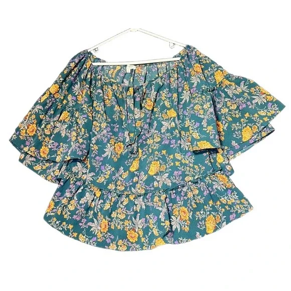 Umgee Womens Size Medium Floral Blouse Teal Yellow Ruffle Tiered Sleeve Boho - Picture 2 of 14